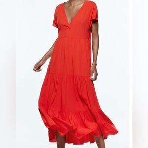 Zara Tiered Midi Dress Short Sleeve V-neck Wrap Flounced‎ Hem Red/ Orange XS